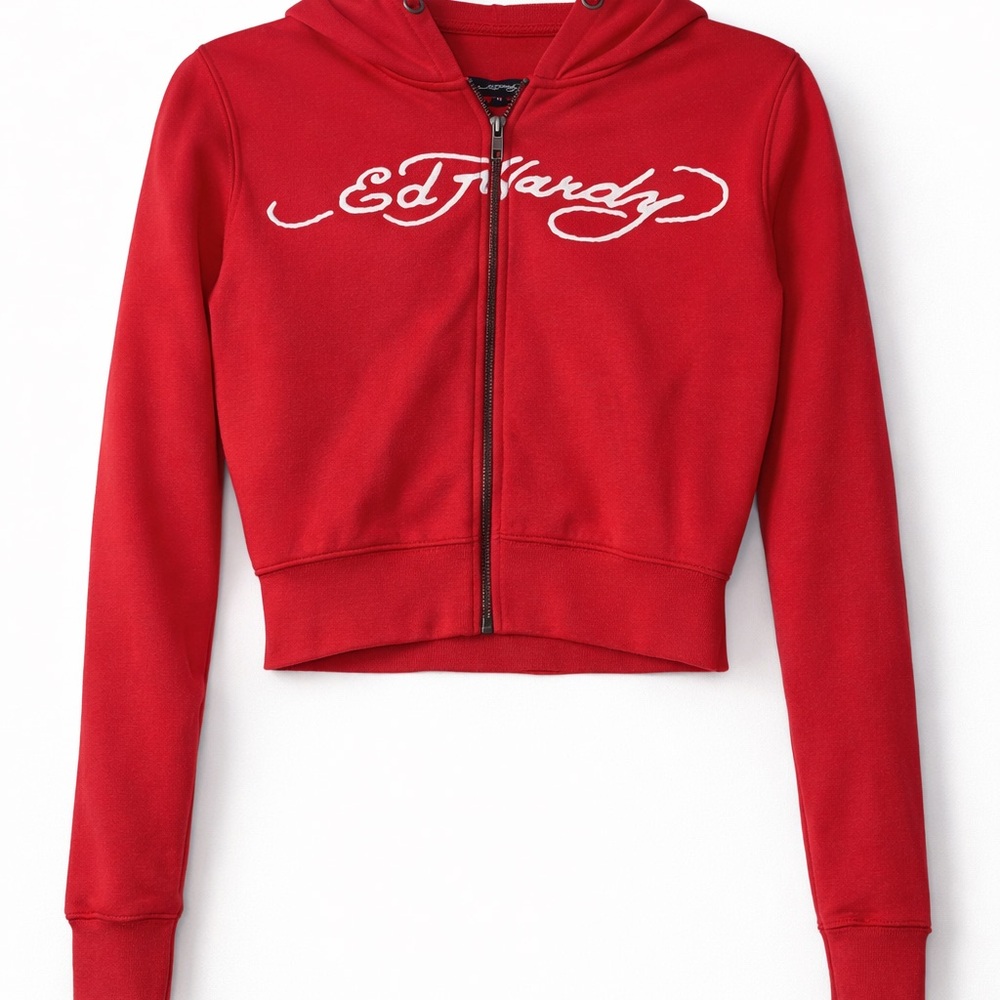 Ed Hardy Red Cropped Zip Hoodie with White Script